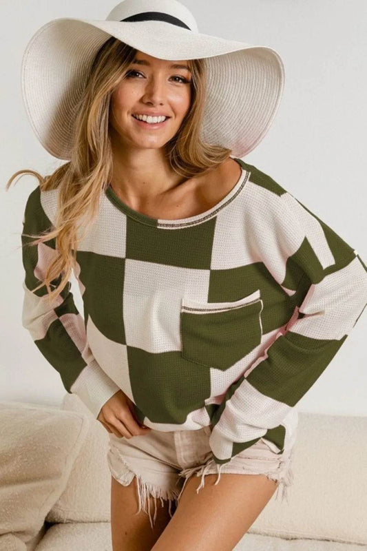 BiBi Checker Printed Hacci Top with Front Pocket - Shop Style & More | Fresh Looks, Everyday Deals & Free Shipping