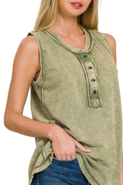 Zenana Washed Half-button Raw Edge Sleeveless Henley Top - Shop Style & More | Fresh Looks, Everyday Deals & Free Shipping