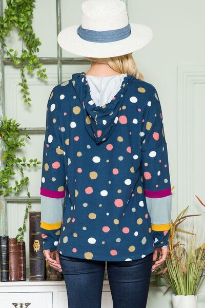 Celeste Full Size Polka Dot Drawstring Hoodie Hoodies & Sweaters