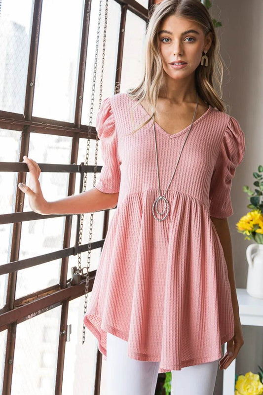 Heimish Full Size Waffle Knit V-Neck Babydoll Top - Shop Style & More | Fresh Looks, Everyday Deals & Free Shipping