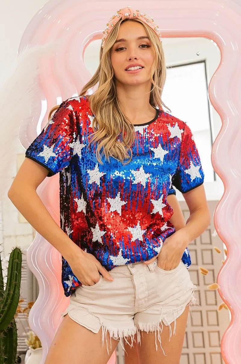 BiBi American Theme Star Pattern Sequin Top - Shop Style & More | Fresh Looks, Everyday Deals & Free Shipping