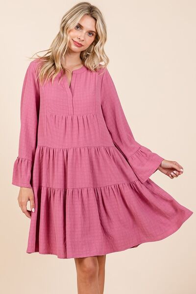 Mittoshop Tiered Notched Flare Sleeve Dress Casual Dresses