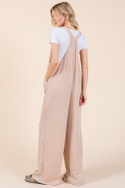 BOMBOM Knot Straps Wide Leg Ribbed Overalls with Pockets Jumpsuits