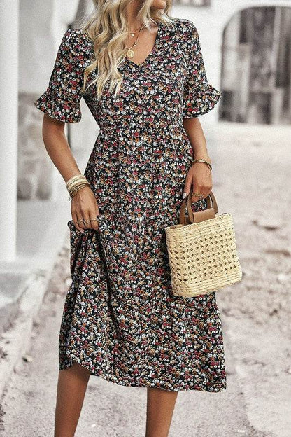 Boho Floral Ruffle Hem V Neck Short Sleeve Dress - Shop Style & More | Fresh Looks, Everyday Deals & Free Shipping