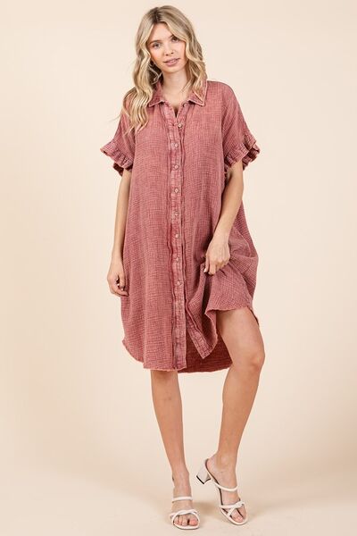 Mittoshop Mineral Wash Cotton Gauze Mini Shirt Dress Casual Dresses