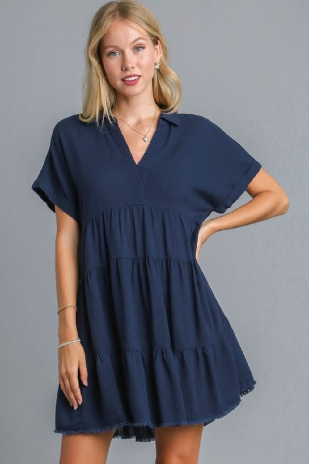 Umgee Full Size Raw Hem Folded Sleeve Tiered Dress Plus Size Dark Navy Casual Dresses