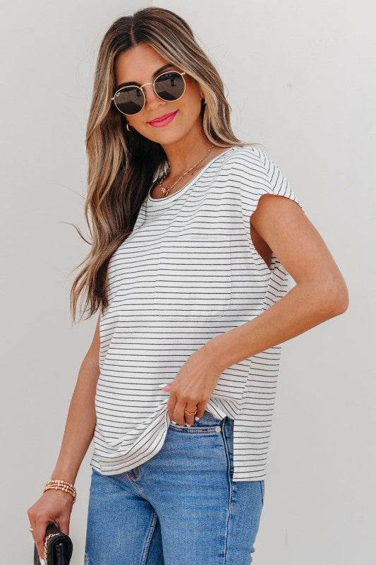 Tilly Stripe Cap Sleeve Crew Neck top - Shop Style & More | Fresh Looks, Everyday Deals & Free Shipping