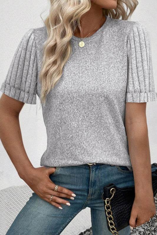 Alma Ribbed Splicing Sleeve Round Neck Top - Shop Style & More | Fresh Looks, Everyday Deals & Free Shipping