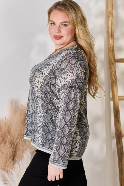Hailey & Co Full Size Snakeskin V-Neck Long Sleeve Top - Shop Style & More | Fresh Looks, Everyday Deals & Free Shipping
