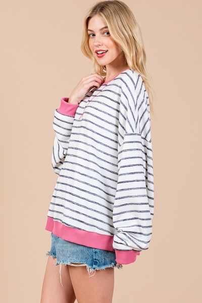 Ces Femme Striped Round Neck Drop Shoulder Sweatshirt Hoodies & Sweaters