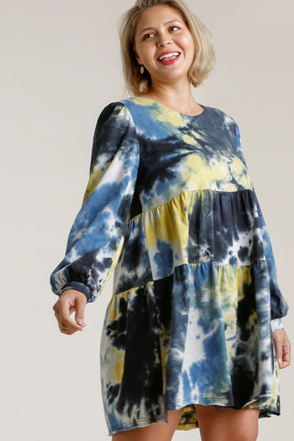 Umgee Full Size Tie Dye Round Neck Long Sleeve Babydoll Tiered Dress Plus Size Casual Dresses