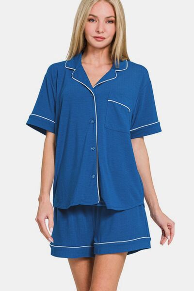 Zenana Button Down Short Sleeve Top and Shorts Lounge Set Classic Blue Lounge Set