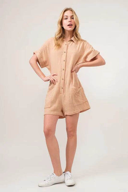 And The Why Washed Gauze Roll-up Sleeve Comfort Utility Romper - Shop Style & More | Fresh Looks, Everyday Deals & Free Shipping