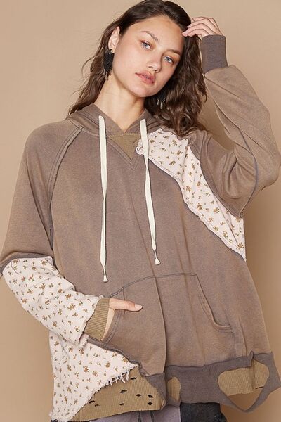 POL Floral Patchwork Distressed Drawstring Hoodie Mocha Hoodies & Sweaters