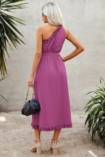 Solid One Shoulder Ruffle Hem Belt A Line Dress - Shop Style & More | Fresh Looks, Everyday Deals & Free Shipping
