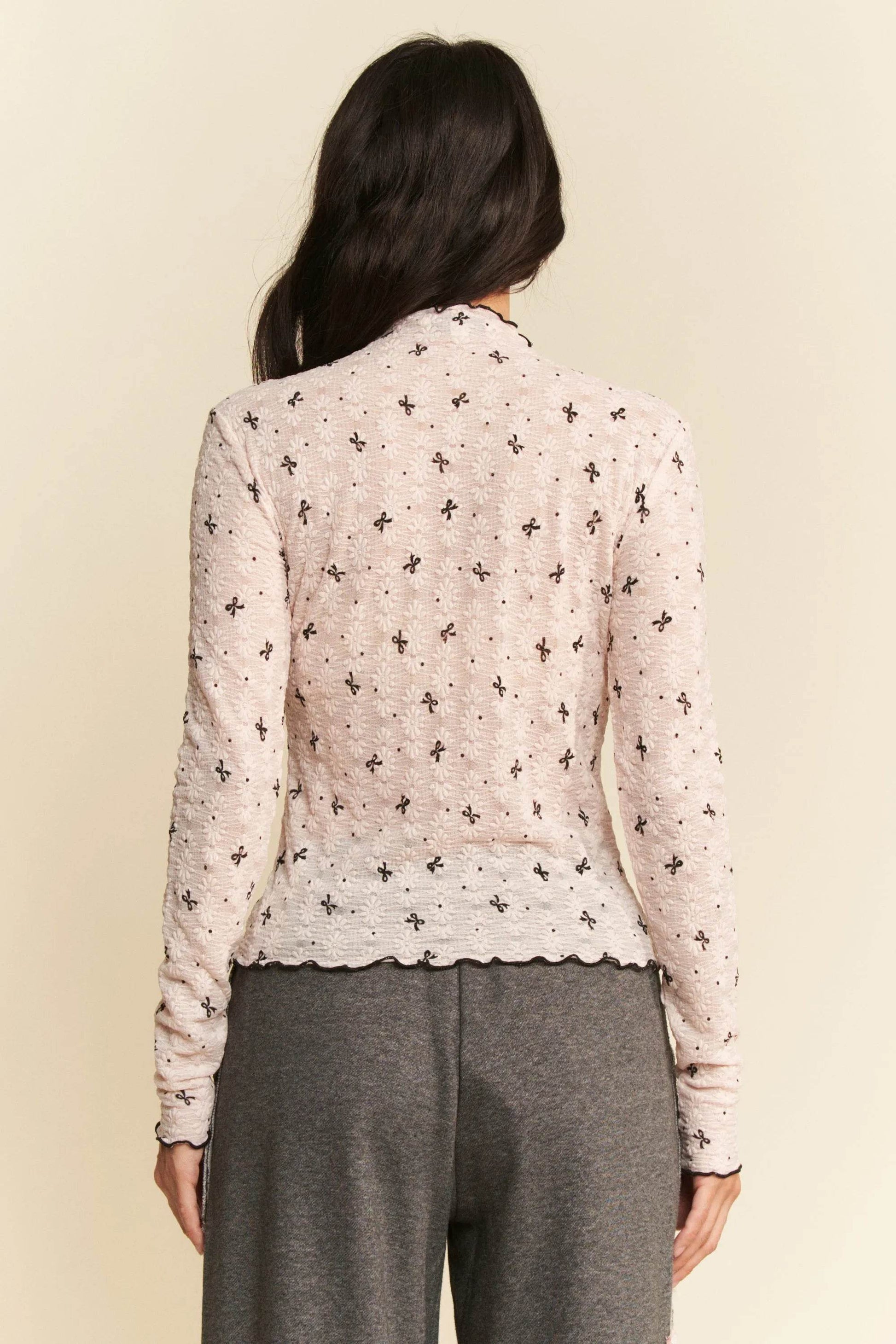 Davi & Dani Ribbon Bow Lace Hem Long Sleeve Mesh Layering Top - Shop Style & More | Fresh Looks, Everyday Deals & Free Shipping