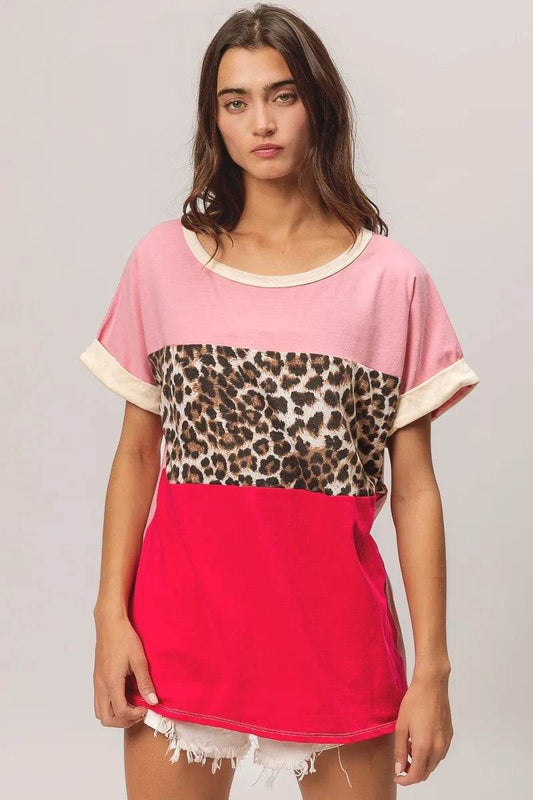BiBi Leopard Printed Jersey Color Block Roll Up - Shop Style & More | Fresh Looks, Everyday Deals & Free Shipping