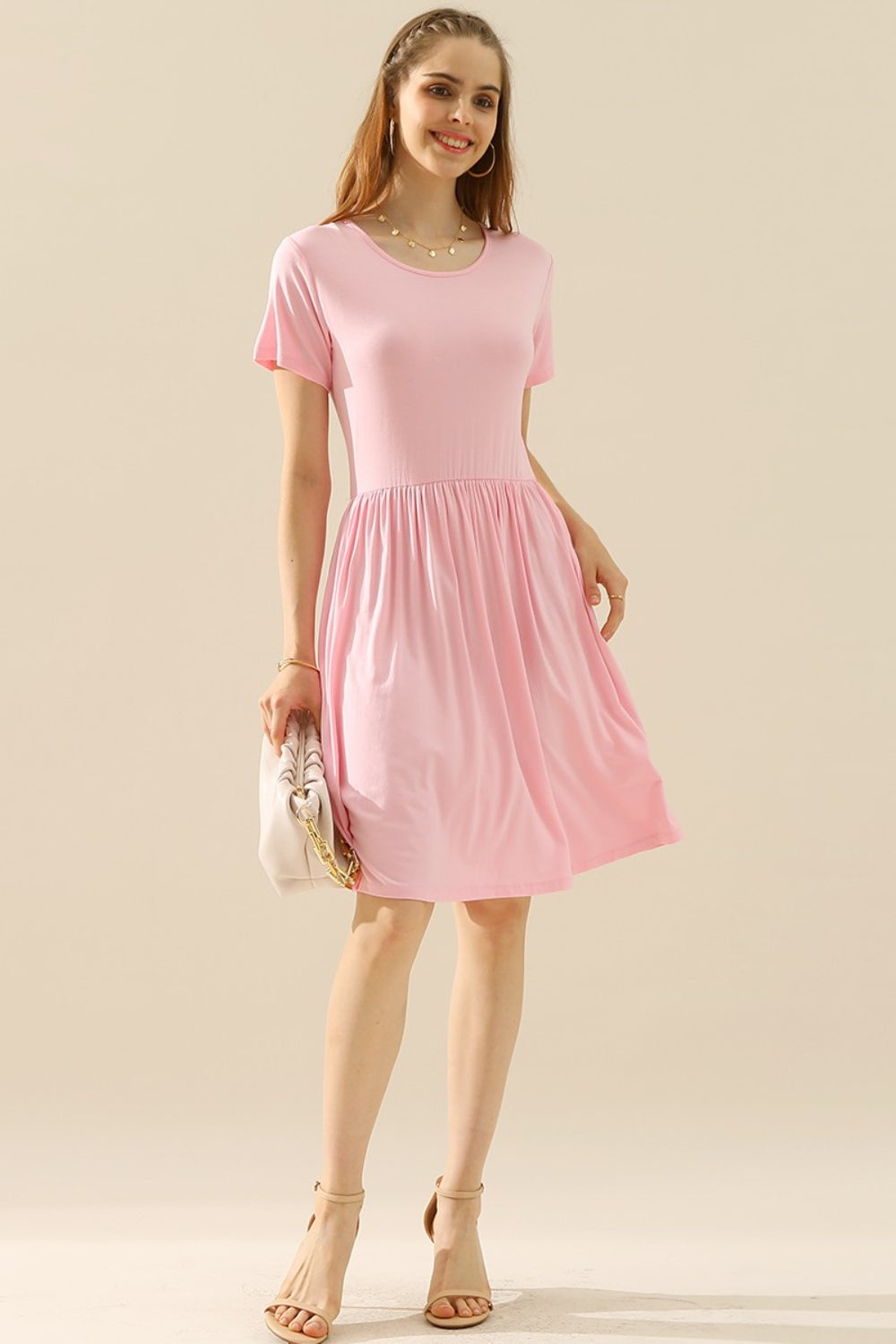 Ninexis Full Size Round Neck Ruched Dress with Pockets Cocktail Dresses