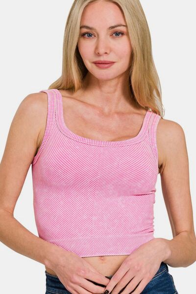 Zenana Washed Ribbed Scoop Neck Wide Strap Tank CANDY PINK Top - Femme & Flirty