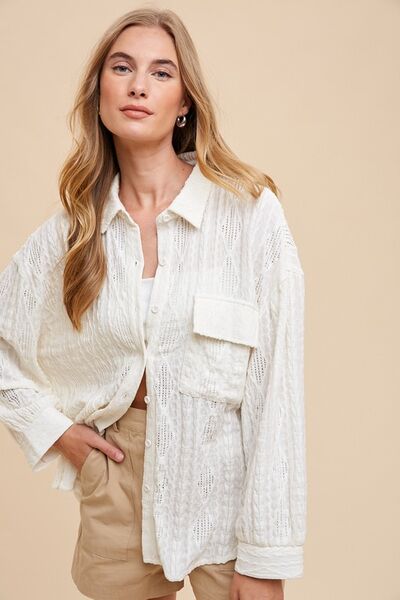 Annie Wear Openwork Button Down Drop Shoulder Shirt Blouses