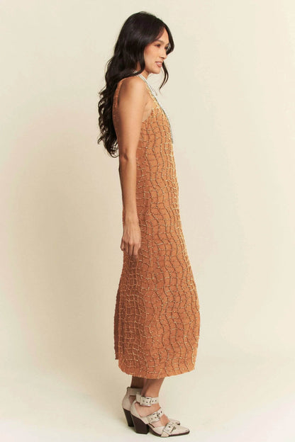 Davi & Dani Golden Textured Zippered Midi Dress - Shop Style & More | Fresh Looks, Everyday Deals & Free Shipping