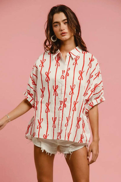 BiBi Bow Ribbon Woven Printed Button Down Shirt - Shop Style & More | Fresh Looks, Everyday Deals & Free Shipping