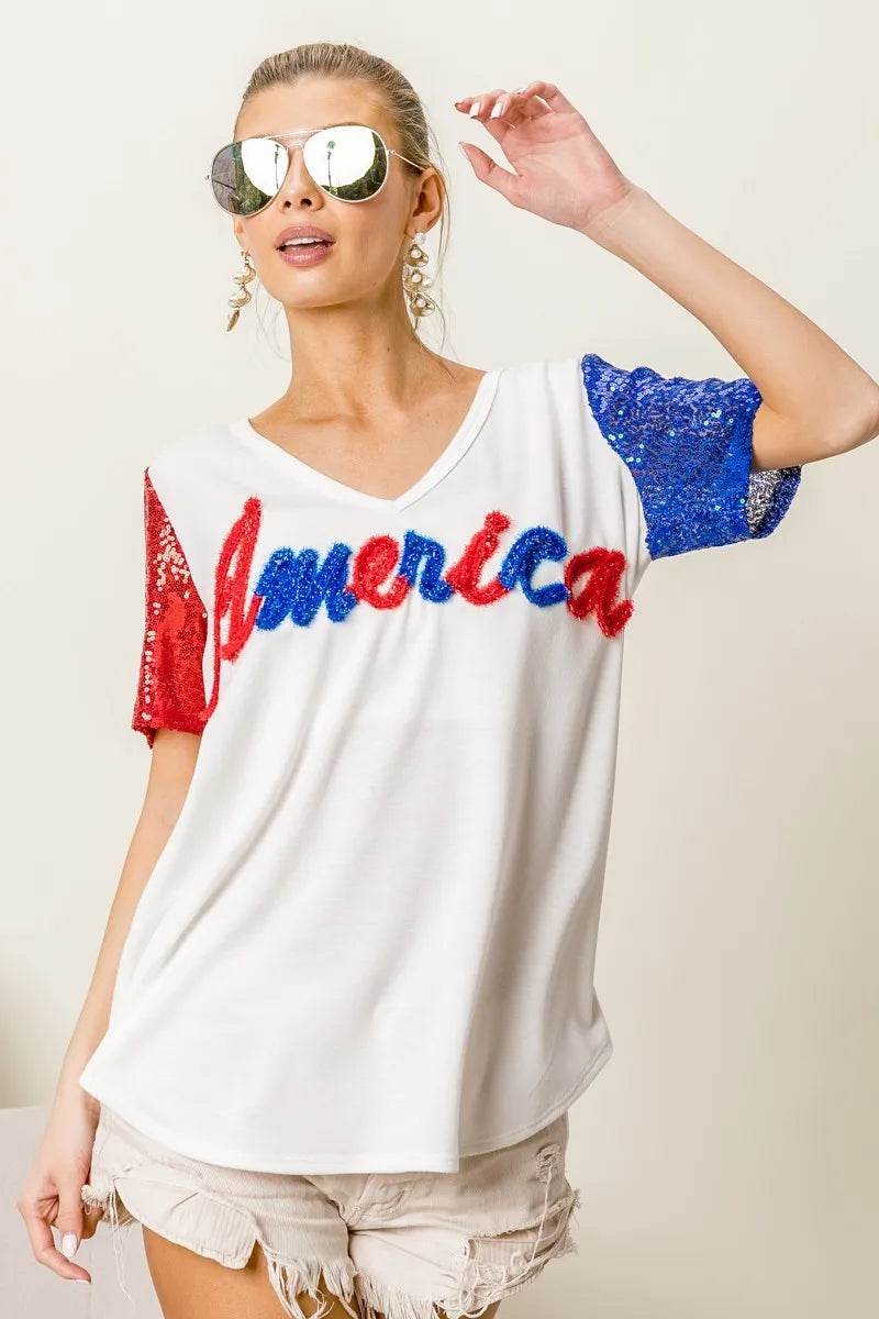 BiBi Metallic Letter V-neck Sequin Sleeves Top - Shop Style & More | Fresh Looks, Everyday Deals & Free Shipping