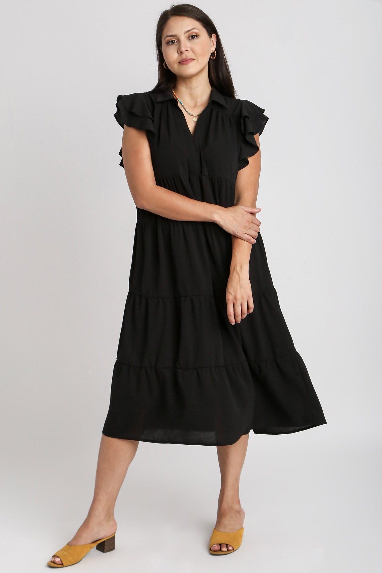 Umgee Full Size Johnny Collar Ruffle Cap Sleeve Tiered Dress Plus Size Casual Dresses