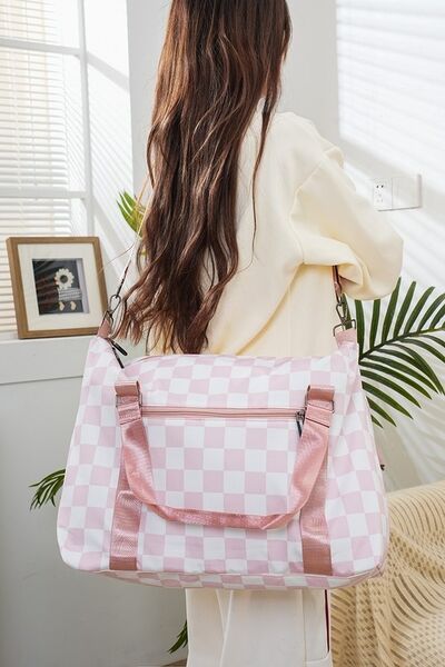 Zenana Checkered Multi-Pocket Travel Bag Blush Pink One Size Bags