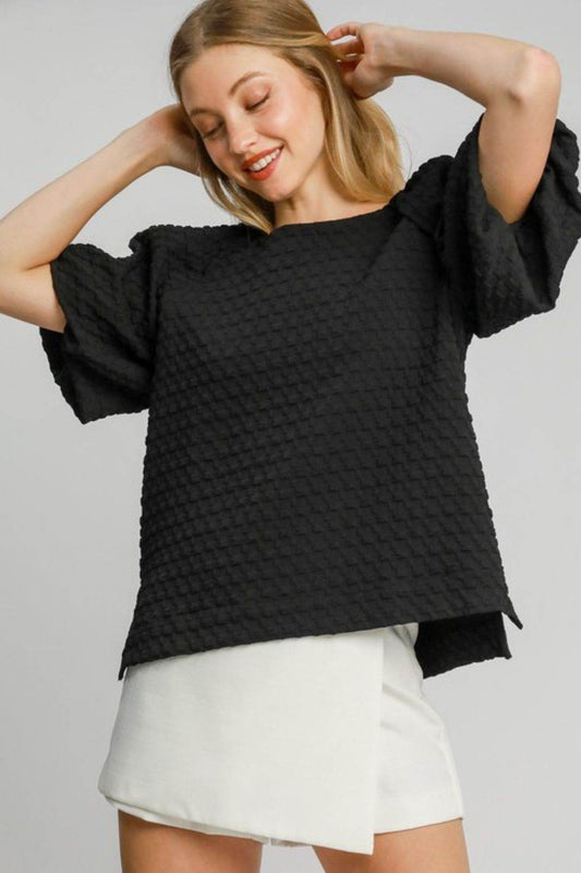 Umgee Full Size Boxy Cut Jacquard Round Neck Top with Side Slit Plus Size - Shop Style & More | Fresh Looks, Everyday Deals & Free Shipping
