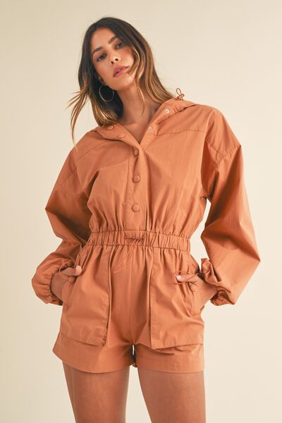 Mable Snap Down Long Sleeve Hooded Romper Tan Jumpsuits