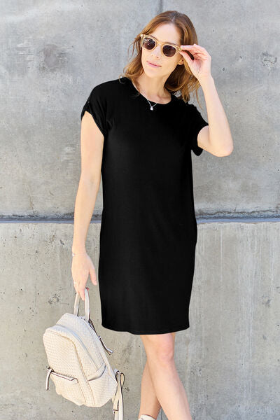 Basic Bae Bamboo Full Size Round Neck Short Sleeve Dress with Pockets Black Casual Dresses