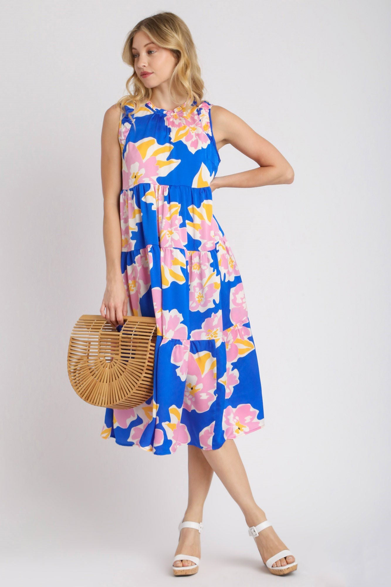 Umgee Full Size Floral Tiered Midi Tank Dress Plus Size Royal Blue Casual Dresses