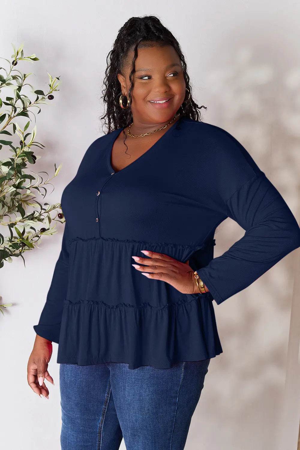 Double Take Half Button Long Sleeve Ruffle Hem Blouse - Shop Style & More | Fresh Looks, Everyday Deals & Free Shipping