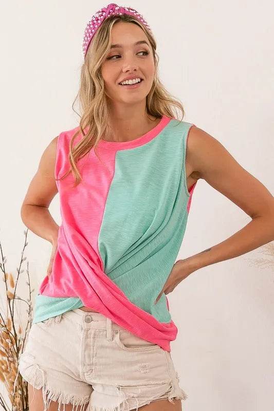 BiBi Slub Terry Color Block Twisted Top - Shop Style & More | Fresh Looks, Everyday Deals & Free Shipping