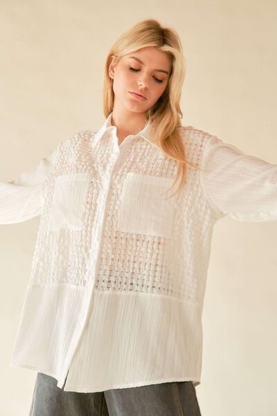 Davi & Dani Crinkled Jacquard Button Down Shirt Blouses