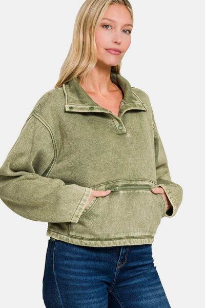 Zenana Acid Wash Fleece Half Snap Sweatshirt with Pocket Hoodies & Sweaters