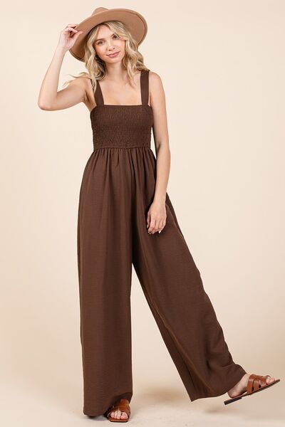 Mittoshop Smocked Wide Leg Overalls with Wide Straps Jumpsuits