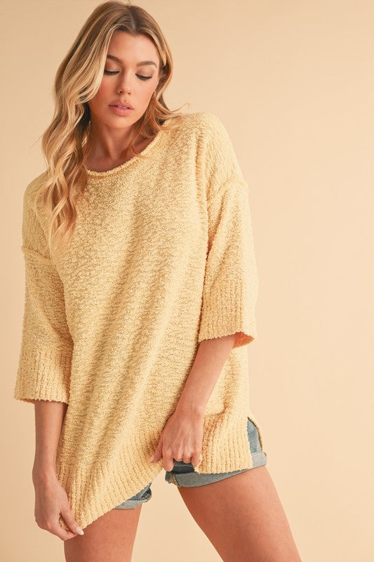 Aemi + Co Side Slit Ribbed Hem Round Neck Sweater Pastel Yellow Casual Dresses