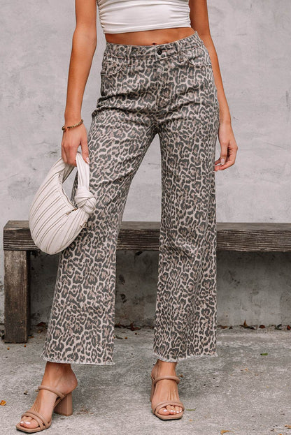 Brown Leopard Frayed Edge Wide Leg High Waist Jeans - Shop Style & More | Fresh Looks, Everyday Deals & Free Shipping