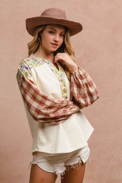 BiBi Floral Notched Plaid Balloon Sleeve Top - Shop Style & More | Fresh Looks, Everyday Deals & Free Shipping