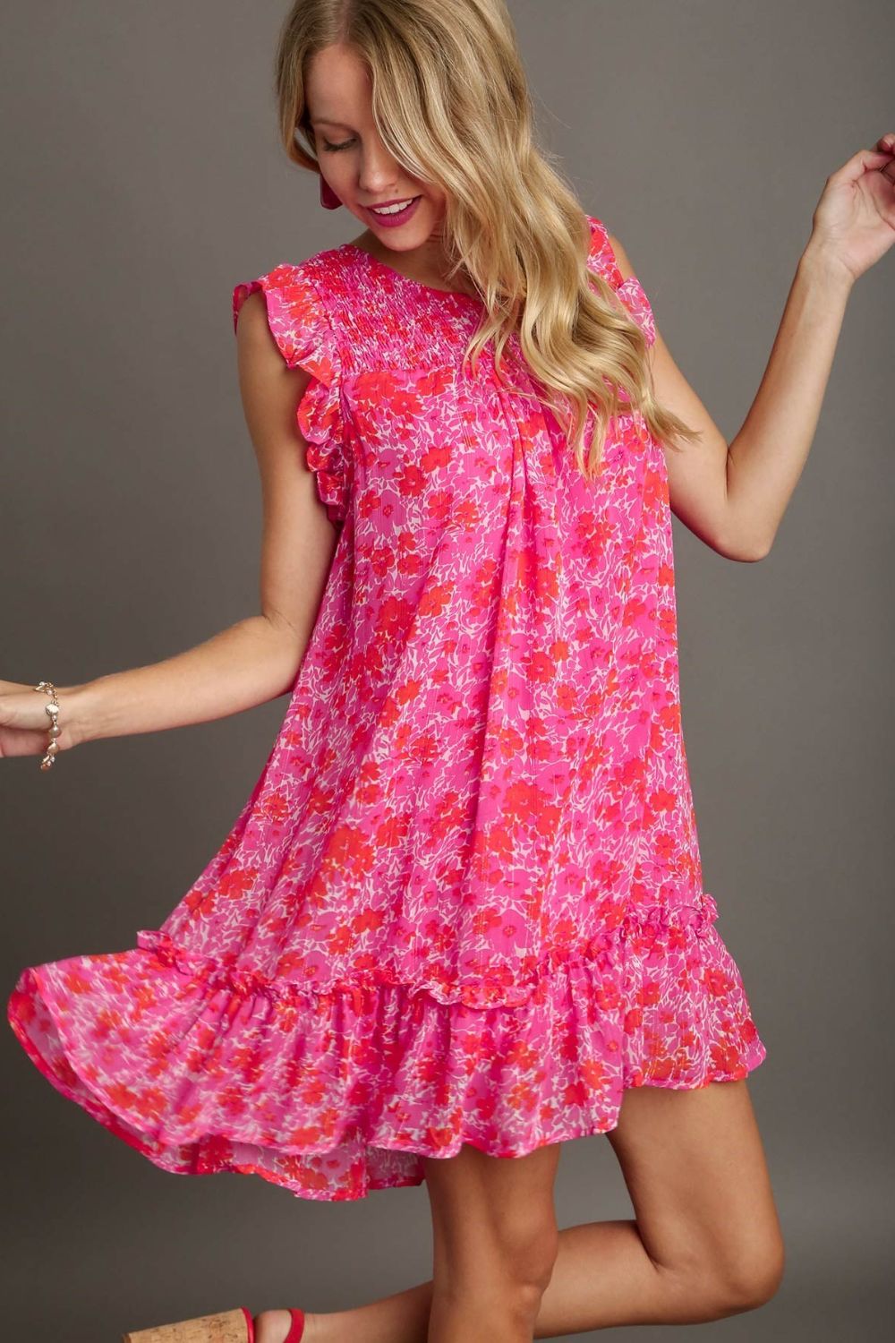 Umgee Full Size Smocked Detail Floral Metallic Ruffle Cap Sleeve Dress Plus Size Hot Pink Casual Dresses