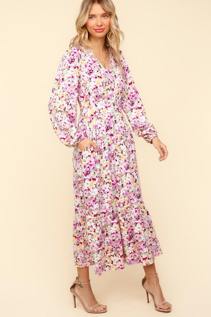 Haptics Full Size Floral V-Neck Long Sleeve Dress with Side Pockets Casual Dresses