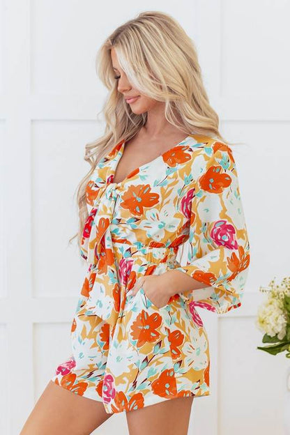 Orange Blooming Floral Print Front Tie Romper - Shop Style & More | Fresh Looks, Everyday Deals & Free Shipping