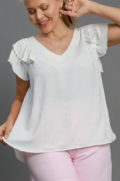 Umgee Full Size V-Neck Double Layered Ruffle Sleeve Blouse Plus Size Blouses