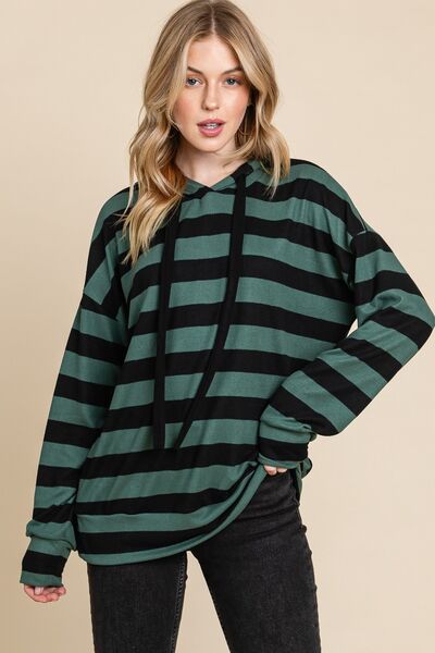 BOMBOM Drawstring Striped Dropped Shoulder Hoodie Forest Green Black Hoodies & Sweaters