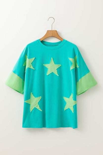 Etta Frayed Denim Star Patched Oversize Top - Shop Style & More | Fresh Looks, Everyday Deals & Free Shipping