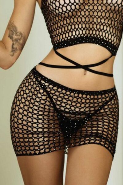 Yelete Rhinestone Fishing Net Crisscross Two-Piece Lingerie Set Intimates Lingerie