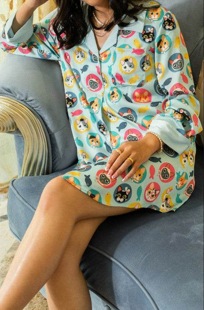 CAT PRINT BLUE SLEEP SHIRT - Shop Style & More | Fresh Looks, Everyday Deals & Free Shipping