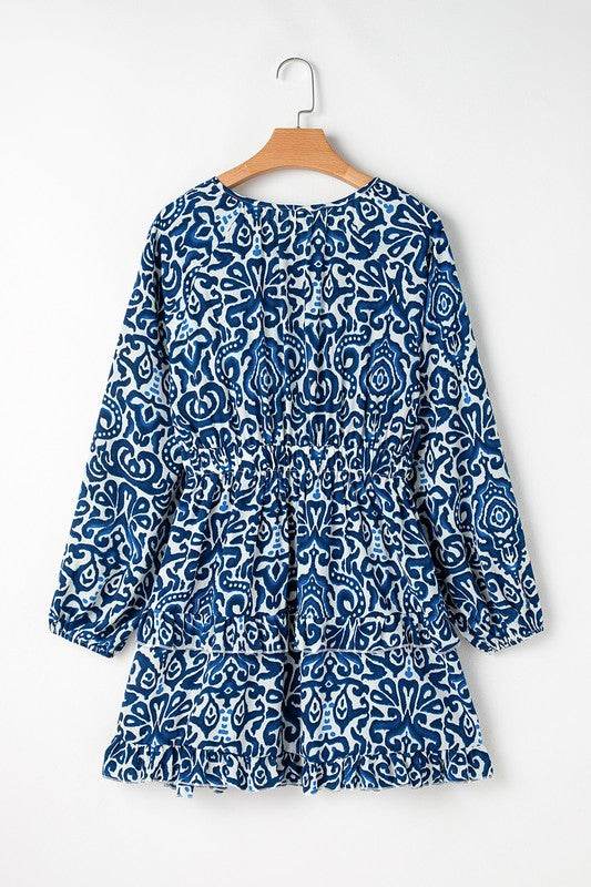 Women Print Lace up V Neck Long Sleeve Mini Dress - Shop Style & More | Fresh Looks, Everyday Deals & Free Shipping